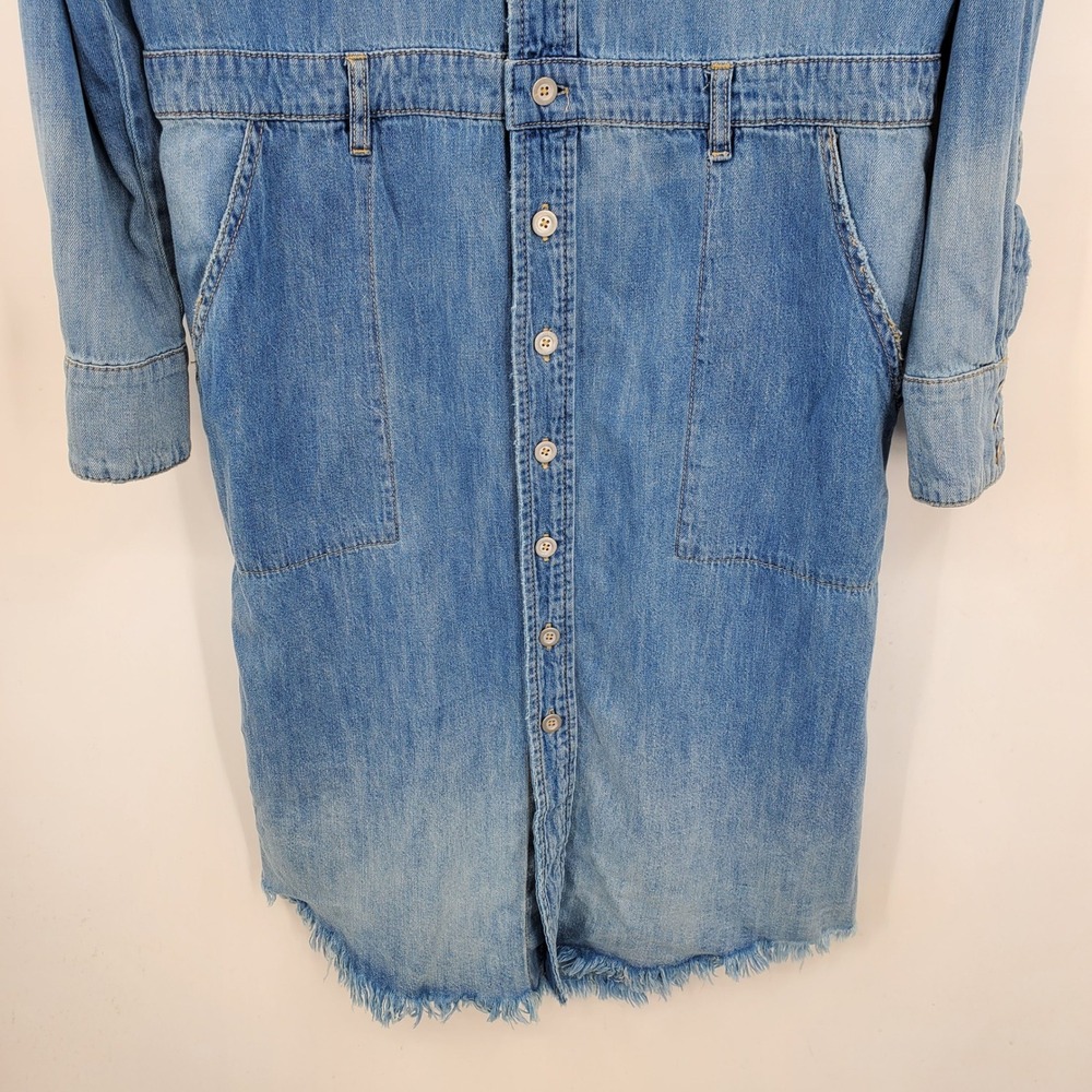Free People Blue Denim Cotton Linen Button Front Midi Shirt Dress Medium Western - Picture 10 of 13